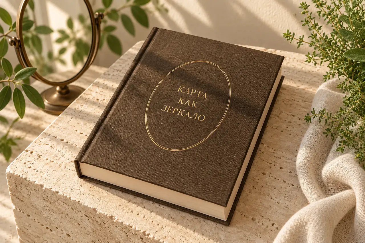 Книга «Карта как зеркало» рядом с зеленью и зеркалом